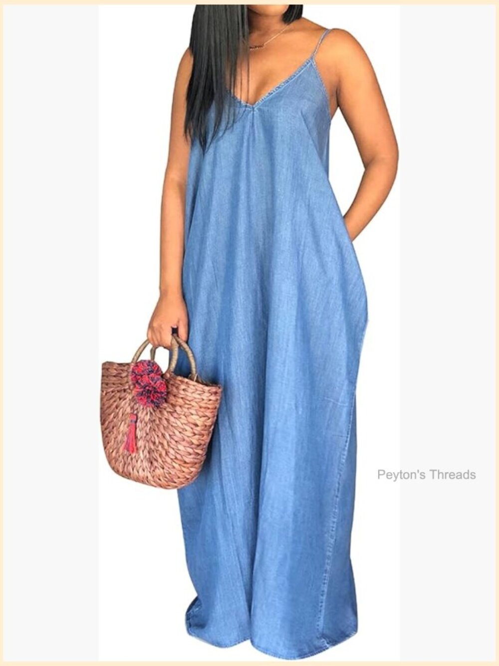 Women's Sexy Maxi Denim Dress Spaghetti Strap Long Sundress with Pockets
